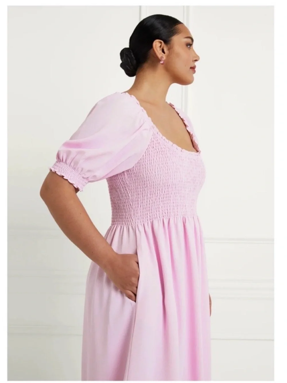 Hill House Home Louisa Nap Midi Dress Pink Smocked Puff Sleeve Size L - Picture 3 of 10
